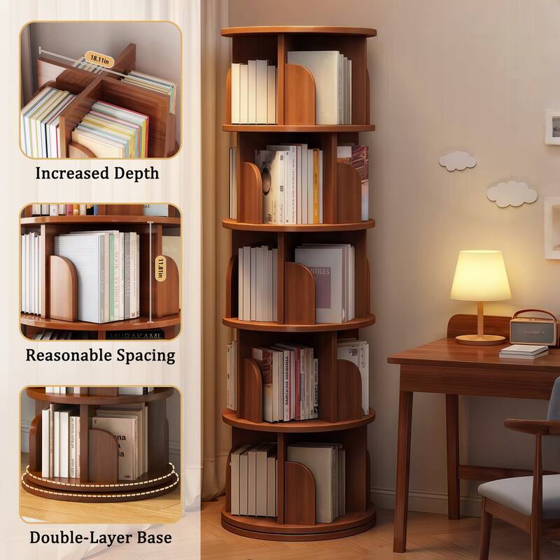 Rotating Bookshelf, 360 Display 5 Tier, Floor Standing Bookcase Storage Rack, Wood Narrow Book Shelf Organizer