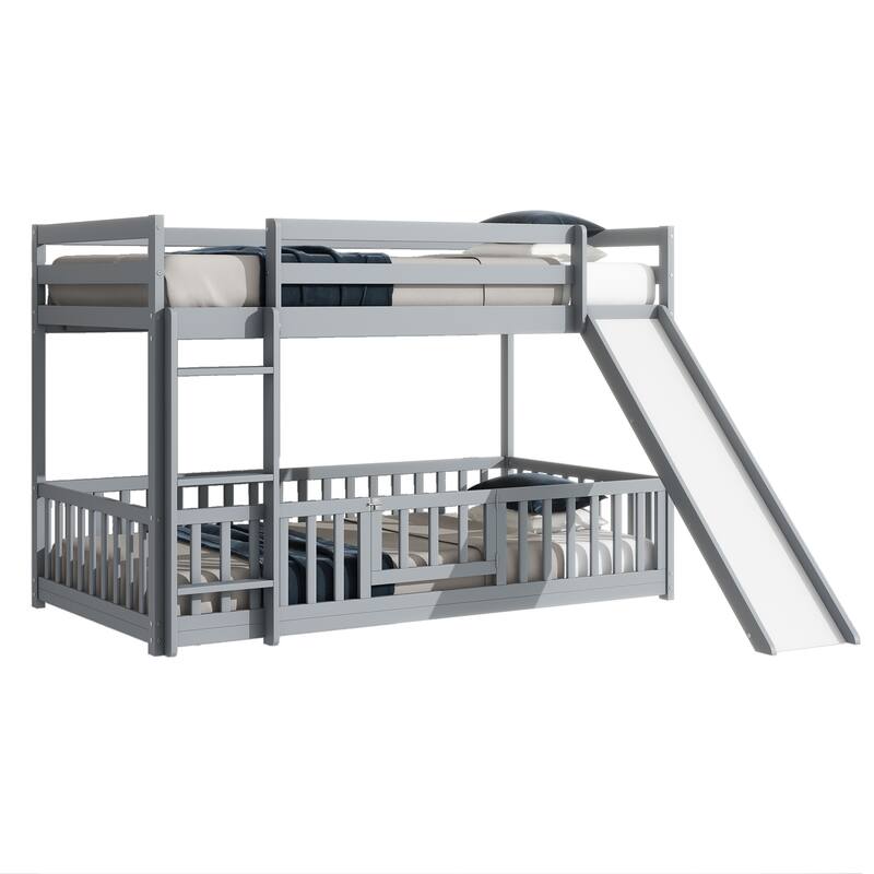 Twin Over Twin Floor Bunk Bed with Slide, Ladder, Door, Safety Guardrails, Solid Pine Wood, Grey