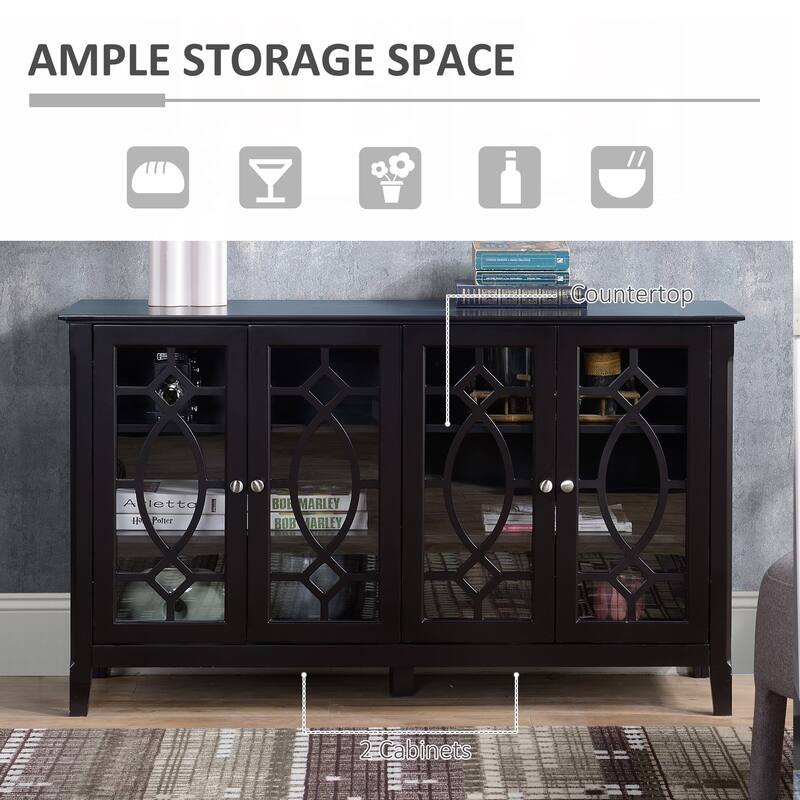 HOMCOM Wood Accent Sideboard Buffet Serving Storage Cabinet with 4 Framed Glass Doors, Adjustable Shelves - 54"W x 15.5"D x 32"H