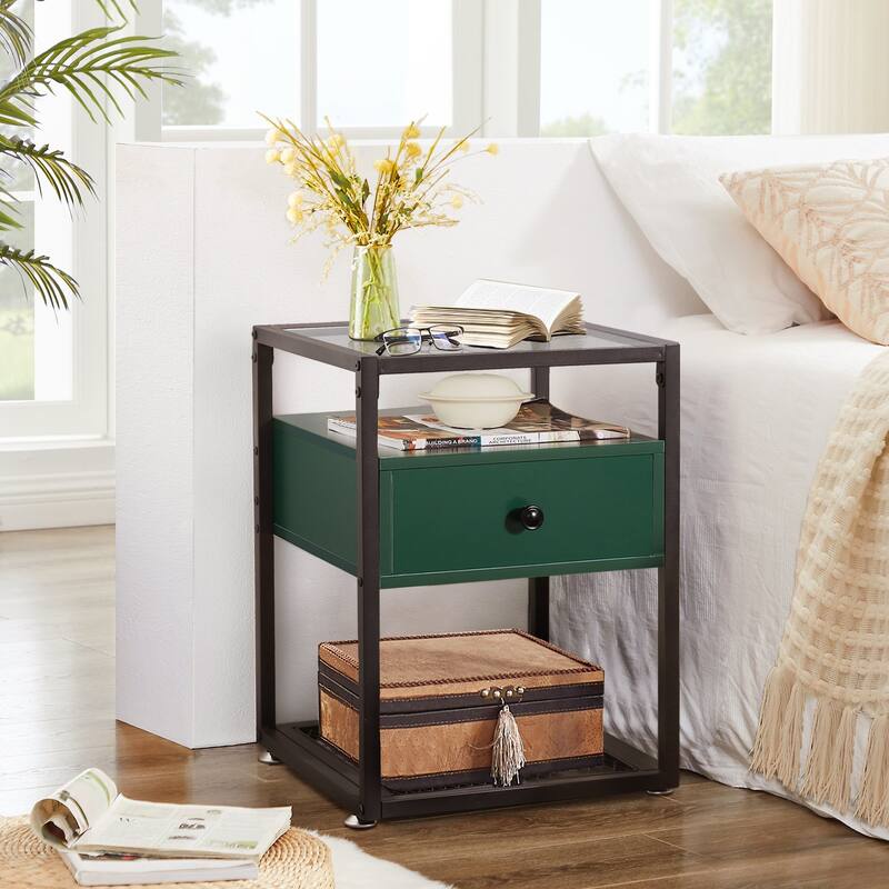 VECELO Modern 1-Drawer Nightstands with Tempered Glass Top
