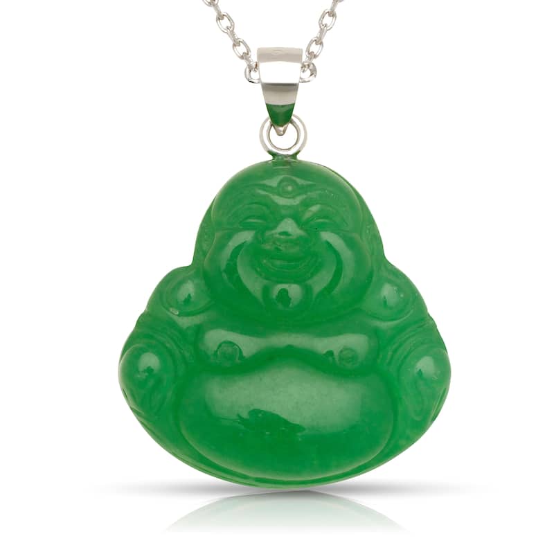 925 Sterling silver 18" Green Jade/Lavendar Jade/Black Onyx/ Brown Jade Carved Buddha Pendant Necklace (20mm x 30mm) - Green Jade