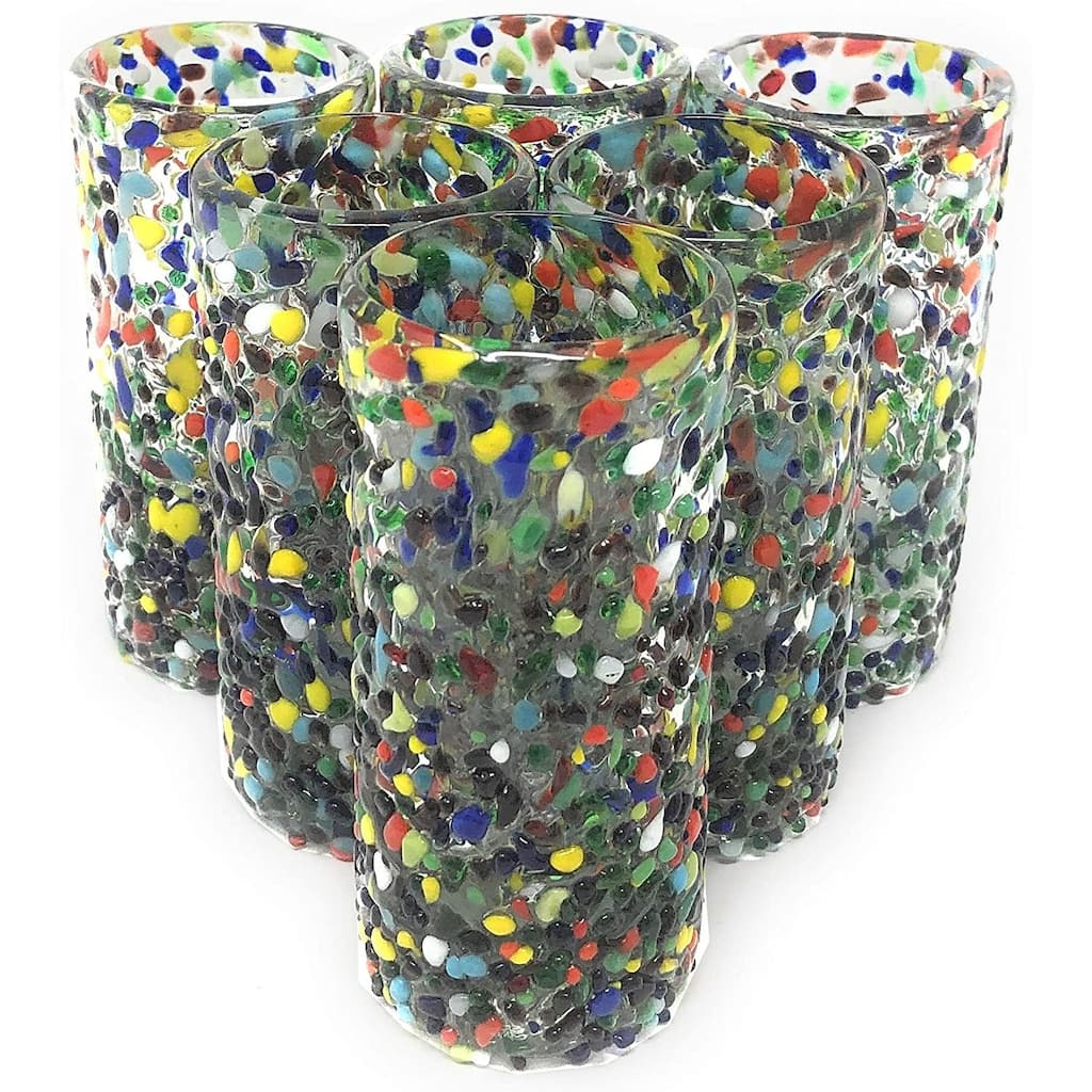 Dos Suenos Hand Blown Mexican Tequila Glasses - Set of 6 Confetti Design Tequila Shot Glasses (2 oz each)