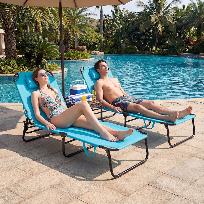 Gymax 2PCS Folding Beach Sun Lounger w/Face Hole Removable Pillows
