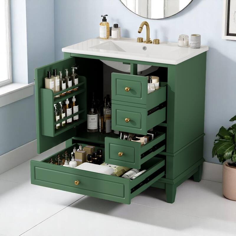 30" Freestanding Bathroom Vanity with Sink, One Door Cabinet and 3 Drawers, Solid Wood Frame & MDF Board
