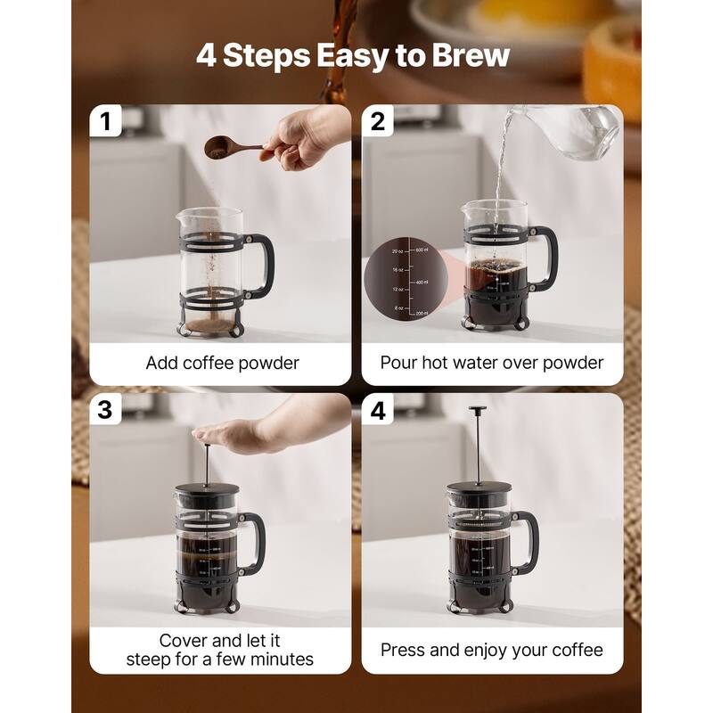 Large 1L Glass French Press for Coffee, Tea, and Cold Brew - 6.69 x 4.13 x 8.46 inch