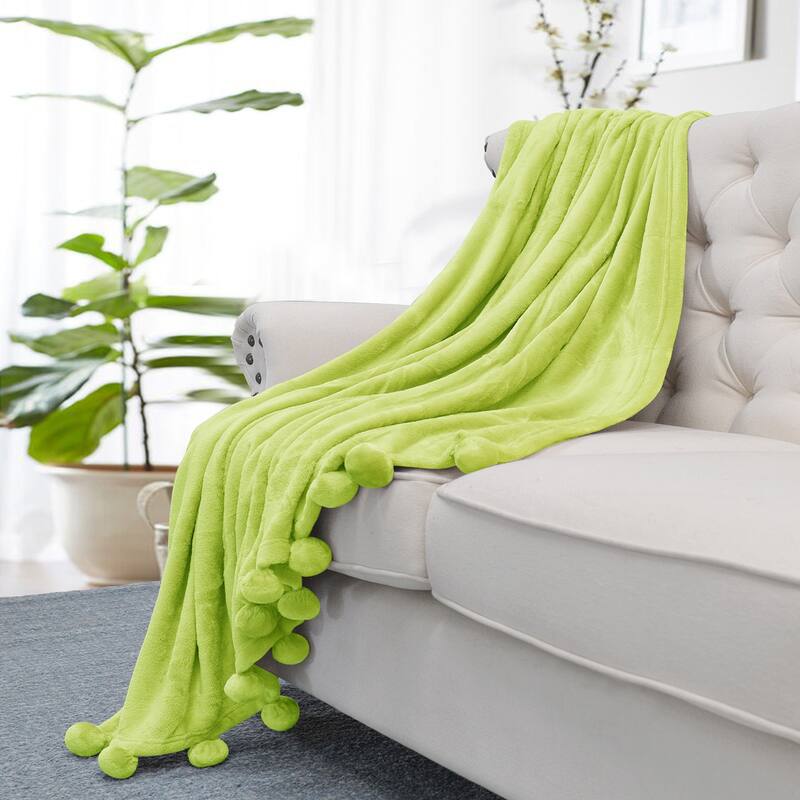 Pompom Flannel Fleece Throw