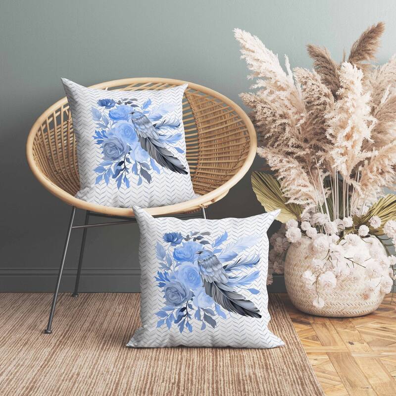 Feathered Bouquet Faux Suede Reversible Throw Pillow White and Blue