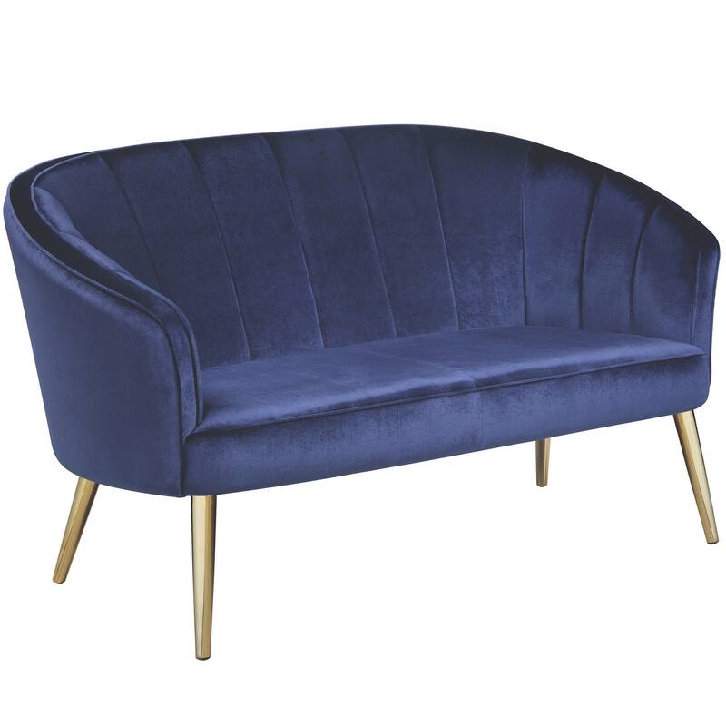 Contemporary Blue Velvet and Brass Legs Living Room Accent Settee
