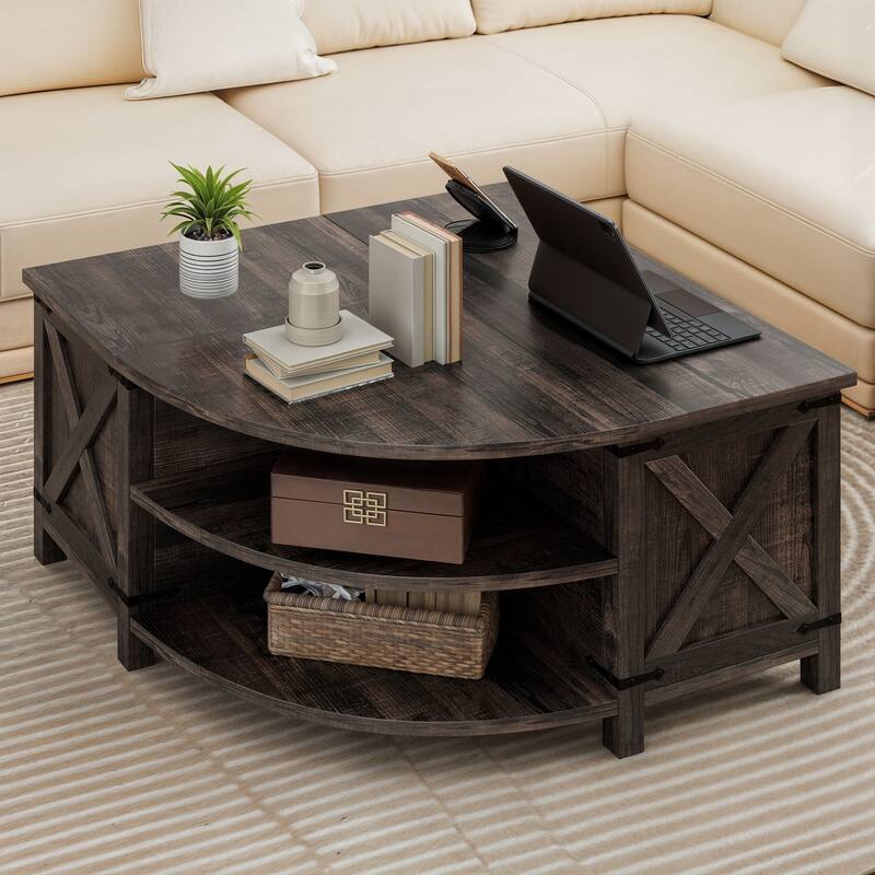 Moasis Lift Top Coffee Table with Storage Shelves, Quarter Circle Center Table for Living Room