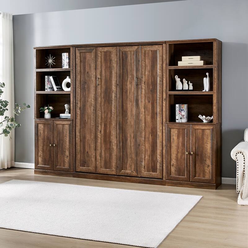 Half Self-Close and Open Murphy Bed with 2 Side Cabinet Storage Shelf