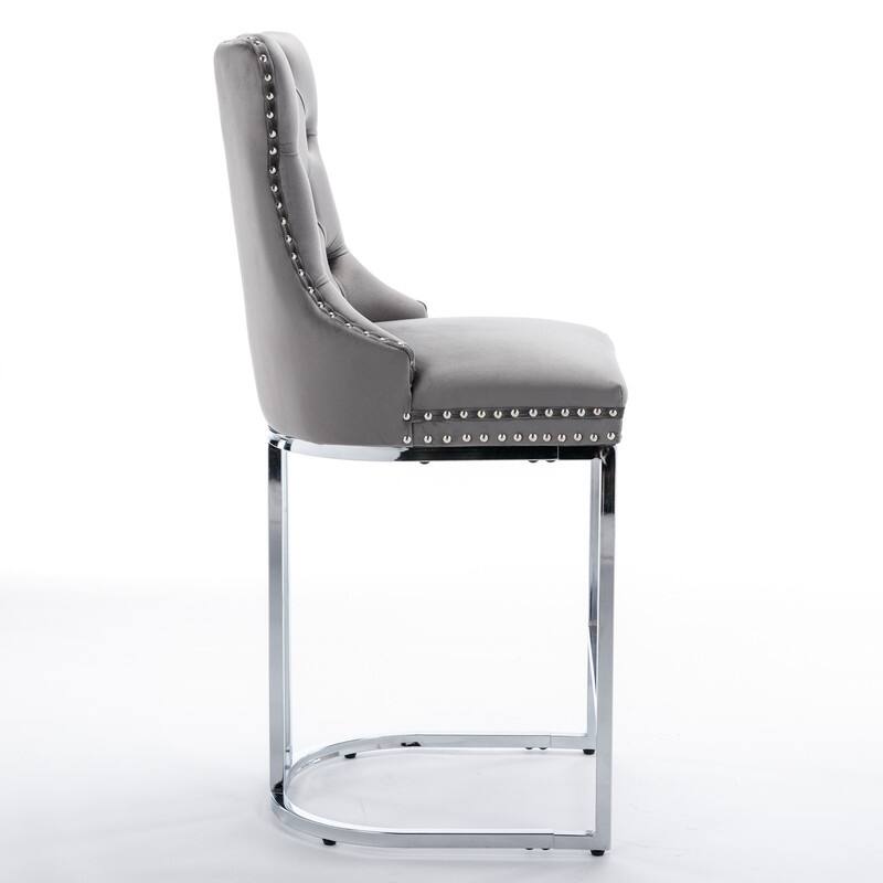 Modern Upholstered Bar Stools with Tufted Backs and Footrest（Set of 2）Grey - Set of 2