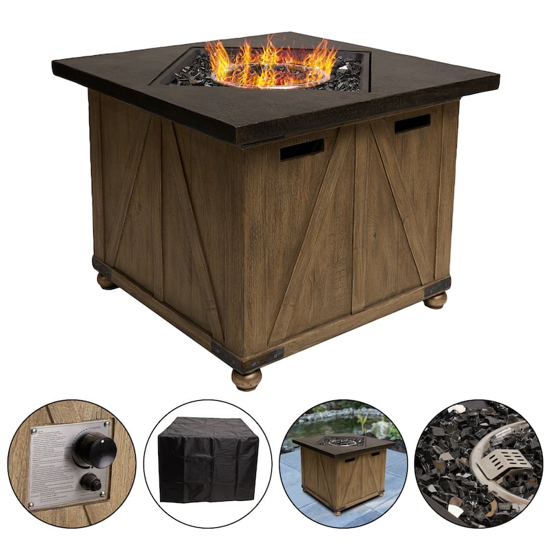 Alpine Corporation GXT964 24in Square Farmhouse Fire Pit Table with 50K BTU and Adjustable Flame Wood Look Outdoor Decor Brown