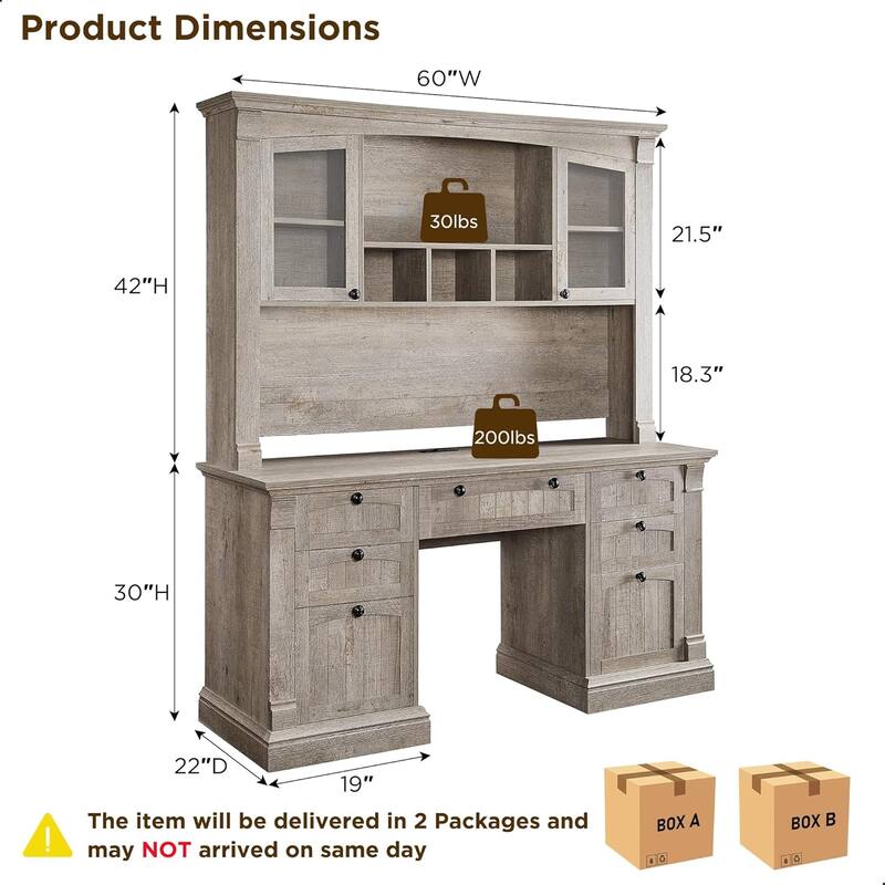 Farmhouse Computer Desk with Hutch, Wood Home Office Desk