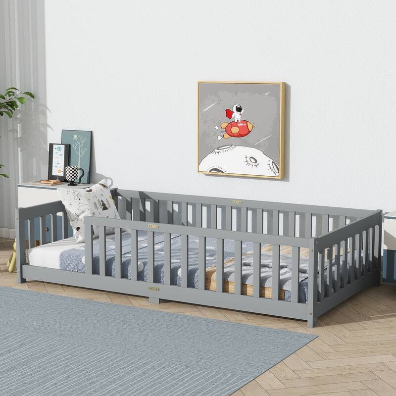Rubber Wood Twin Size Floor Bed with Fence without Door