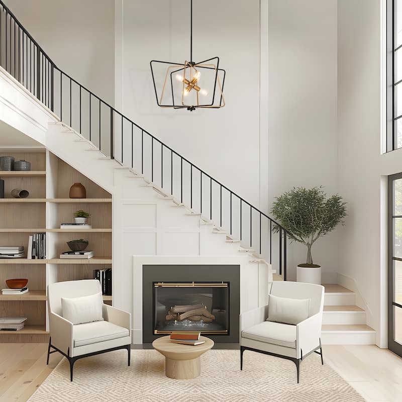 Modern 6-Light Geometric Black and Gold Chandelier Adjustable Height Light Fixture for Large Spaces - 31.4" × 17.3"