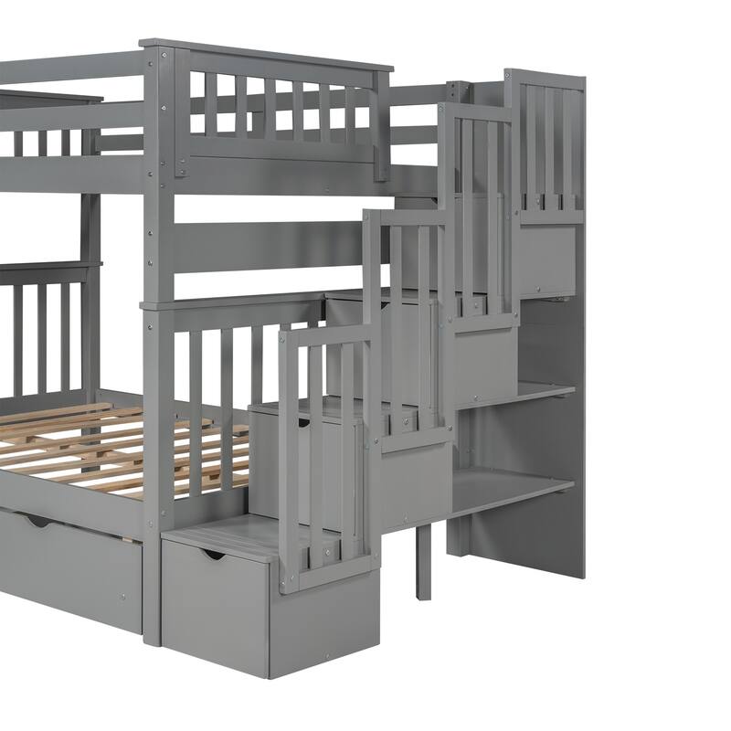 Heavy Duty Wood Bunk Bed Full Over Full Superior Quality Bunk Bed 2 Drawers and Storage Stairs and Side Shelves - Grey