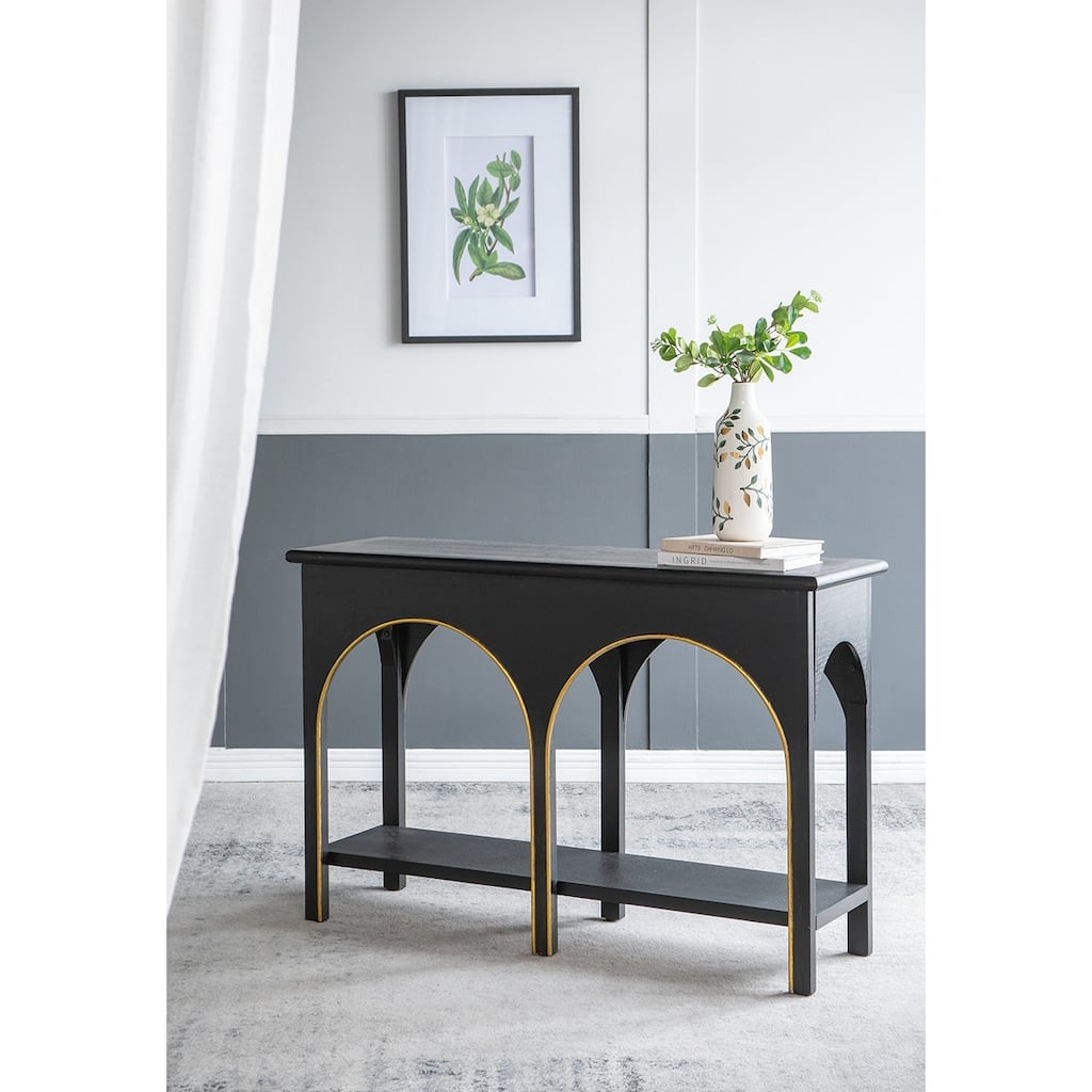 47.2x15.7x31.9" Black Wooden Console Table with Gold Accents
