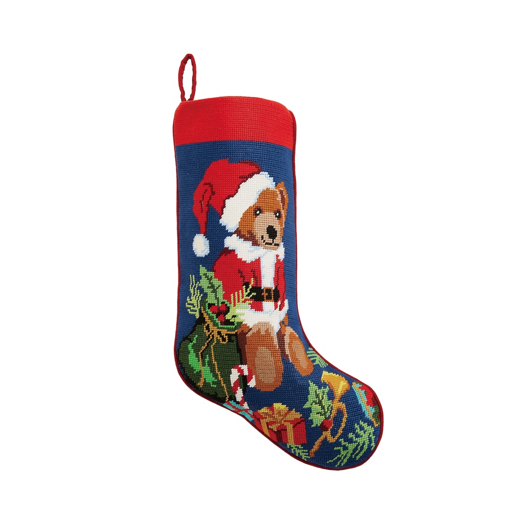 Bear Presents Embroidered Needlepoint Stocking - 11"x18"