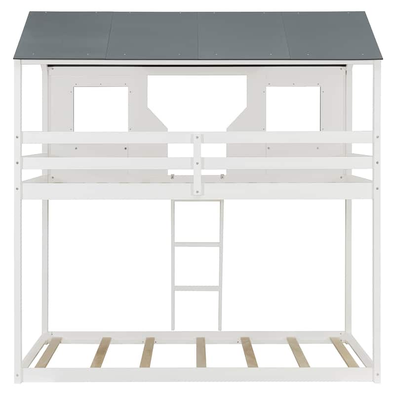 Kids House Bed Twin Over Twin Bunk Bed with Roof, Window and Shelves