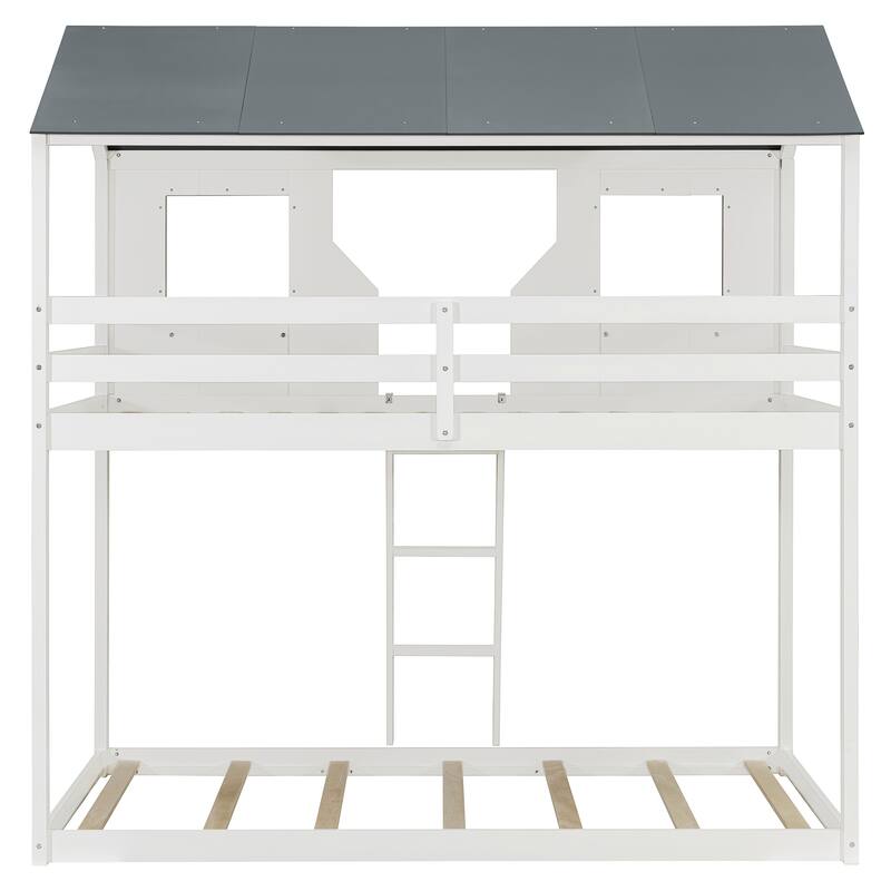 Roomfitters Twin Over Twin House Bunk Bed with Roof and Window, White