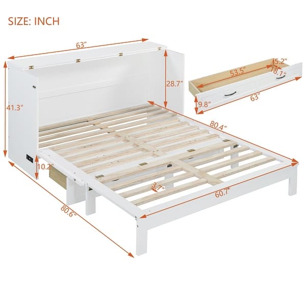 dimension image slide 2 of 7, Wood Murphy Bed with Large Drawer and Charging Station, Foldable Cabinet Wall Chest Bed with Rattan Finish, Wood Slats Support