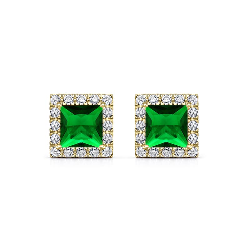 Auriya 14k Gold Lab Grown Gemstone Green Emerald Stud Earrings Princess 0.25 to 5.00 ct. tw. Halo Screw-Back