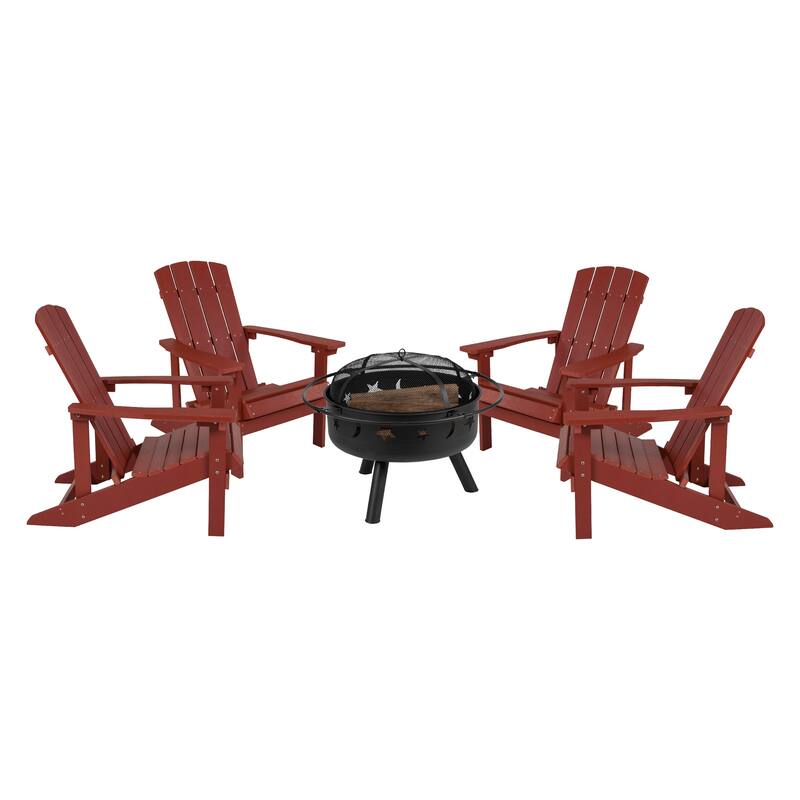 Star and Moon Fire Pit with Mesh Cover & 4 Poly Resin Adirondack Chairs
