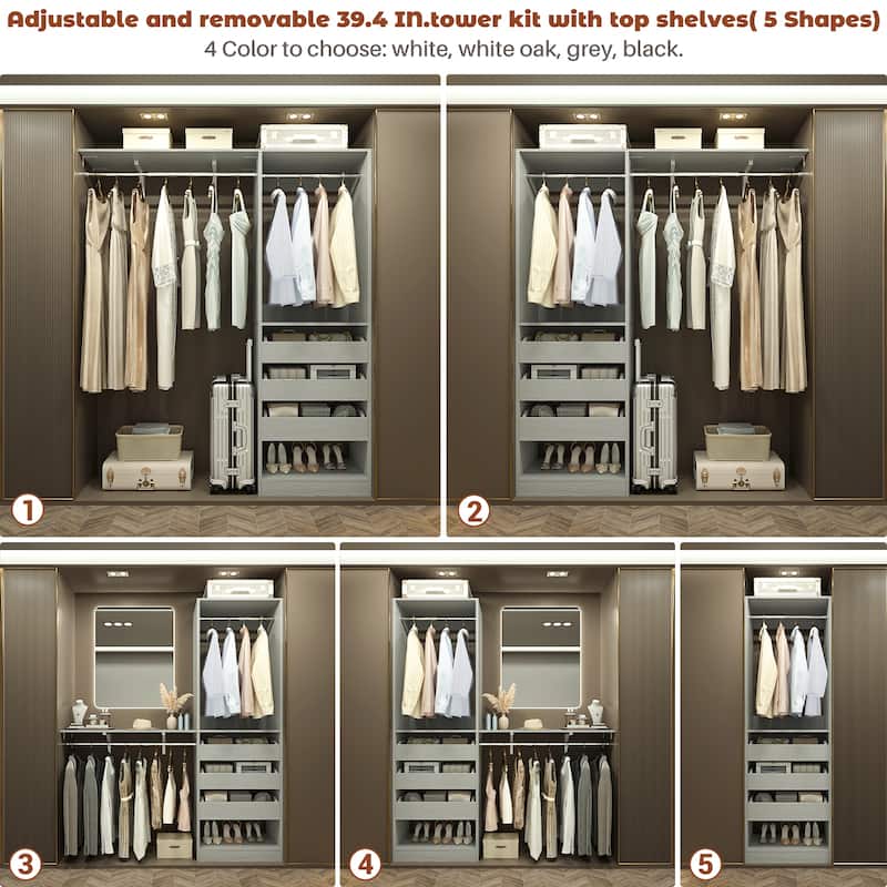 20"-60" Closet System with 3 Wooden Drawers and Sturdy Shelves and Retractable Rods