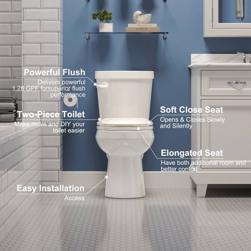Two-piece 1.28 GPF Single Flush ADA Chair Height Elongated Toilet Map Flush 1000g, Soft-Close Seat Included