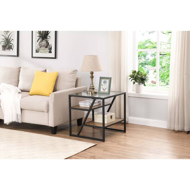 Nightstands End Table w/ Open Shelf Tempered Glass Top Sofa Side Table