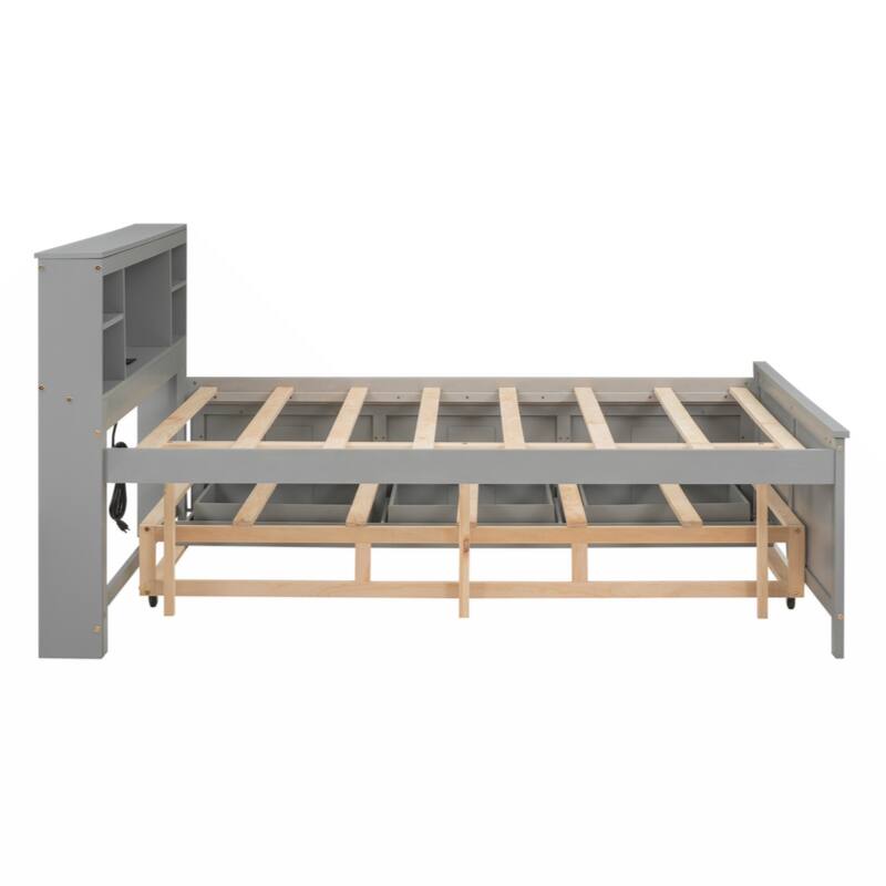 Full Size Platform Bed with Storage Headboard, USB, Twin Size Trundle and 3 Drawers