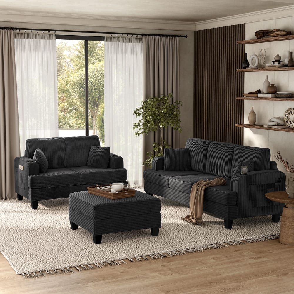 Furniture of America Xenia Modern 3-Piece Chenille Sofa and Ottoman Set