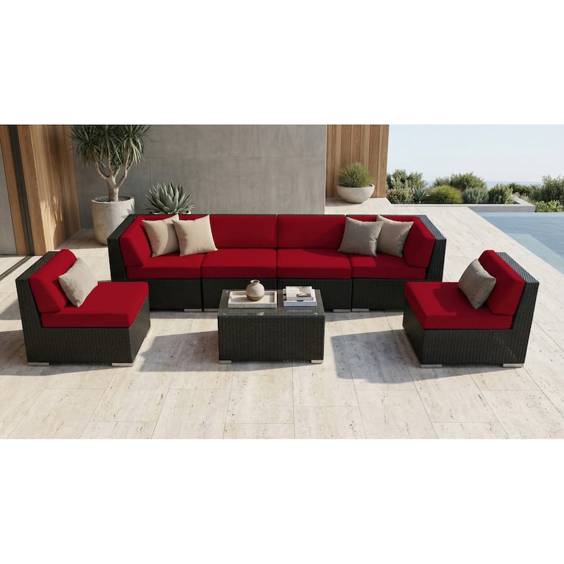 Ohana Outdoor 7-pc. Cushioned Black Wicker Conversation Set - No Assembly - Sunbrella Jockey Red