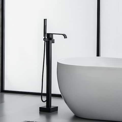 Floor Mount Tub Faucet Freestanding Tub Filler With Handheld Shower in Matte Black