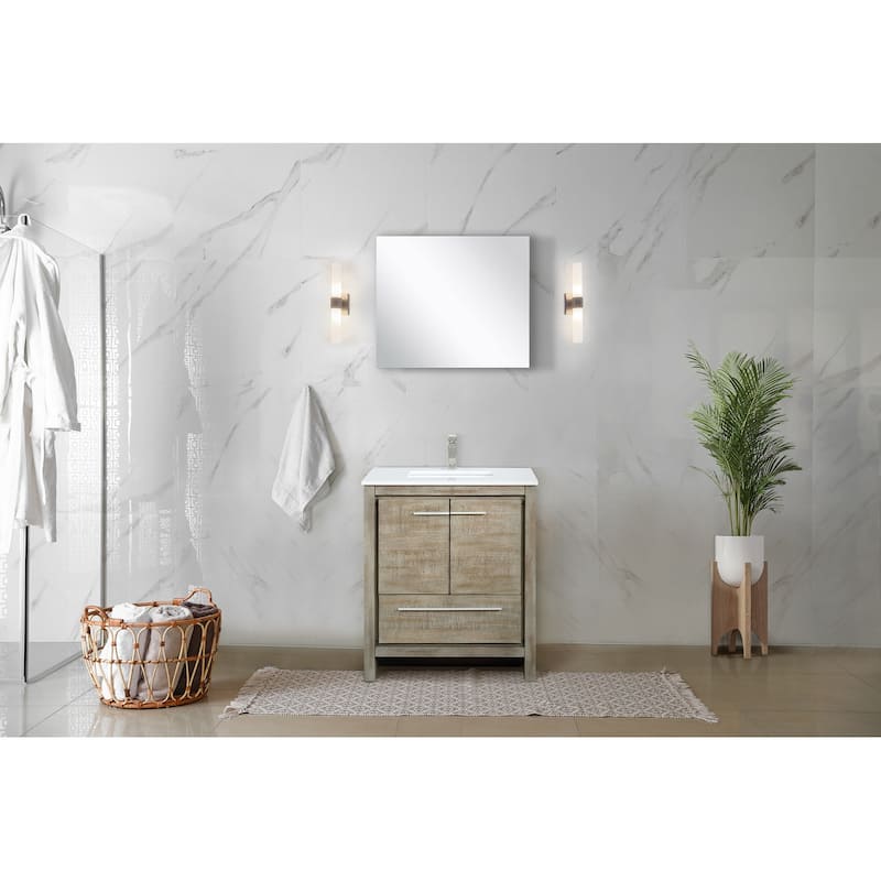 Lafarre 30 in W x 20 in D Rustic Acacia Bath Vanity, White Quartz Top, Brushed Nickel Faucet Set and 28 in Mirror
