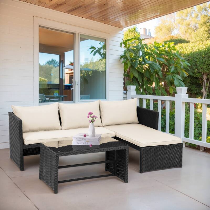 3 Pieces Patio Conversation Set, All Weather Outdoor PE Rattan Wicker Furniture Set with Cushions, Tempered Glass Coffee Table