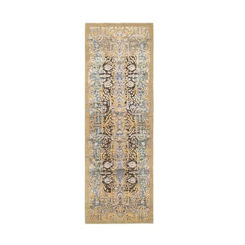 Shahbanu Rugs Honey Brown, Silk With Textured Wool, Hand Knotted, Transitional Sarouk, Oriental, Runner Rug (2'8" x 8'0")