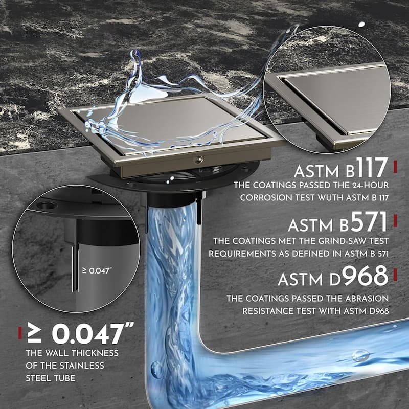 4/6-Inch Square Shower Drain, Reversible Tile Insert