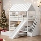 preview thumbnail 2 of 36, Twin over Twin House Bunk Bed with Trundle and Slide, Storage Staircase, Roof and Window Design, Solid Construction