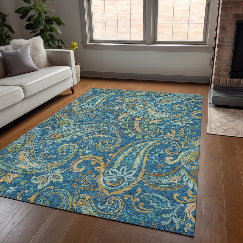 Machine Washable Indoor/ Outdoor Paisley Chantille Rug - Navy - 8' x 10'