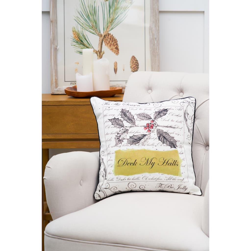 "Deck My Halls" Christmas Holly Cotton Blend Accent Throw Pillow 18" x 18"