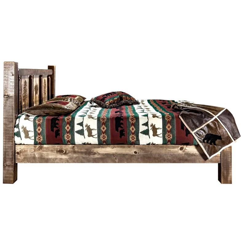 King Platform Bed - Rustic Pine Tree Design - Clear Lacquer Finish - Homestock