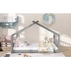 preview thumbnail 10 of 8, Full Size House Wood Floor Bed w/ Roof Upholstered Bed Frame for Kids, Teens No Box Spring Needed, Easy Assembly, Gray