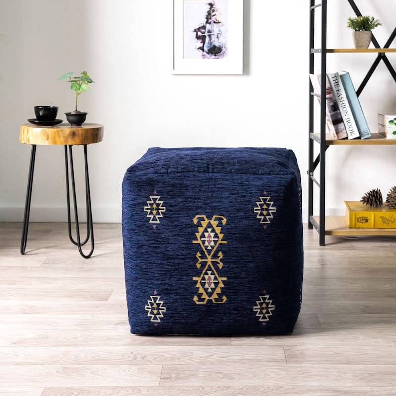 Geometric Medallion Ultra Soft Square Pouf Ottoman - 18" - Blue and Yellow