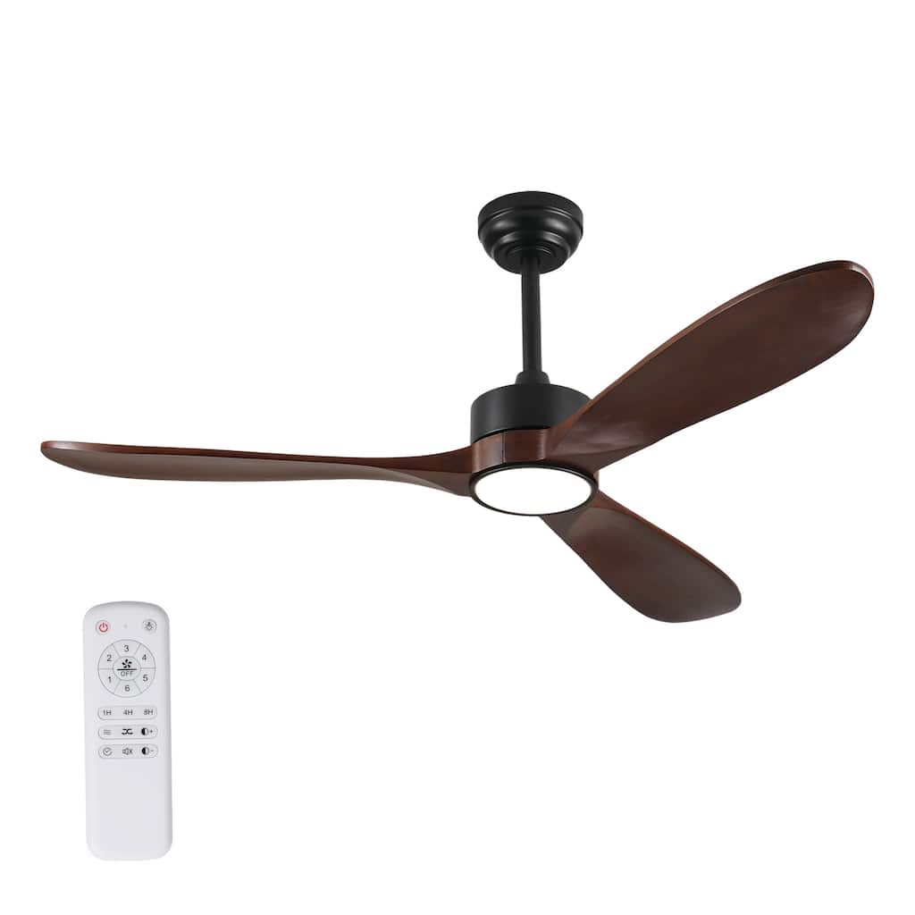 52 Inch Ceiling Fan with Light, 3 Solid Wood Blades,Remote Control,6-speed Reversible DC Motor - Black,Walnut