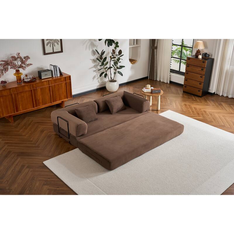 Convertible Sleeper Sofa Bed with Cylindrical Pillow, Corduroy Folding Mattress Couch with Fixed-Shape Frame