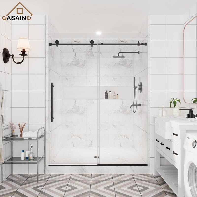 CASAINC 48 or 60 in. W x 76 in. H Single Sliding Frameless Shower Door - 60" x 76" - Matte black