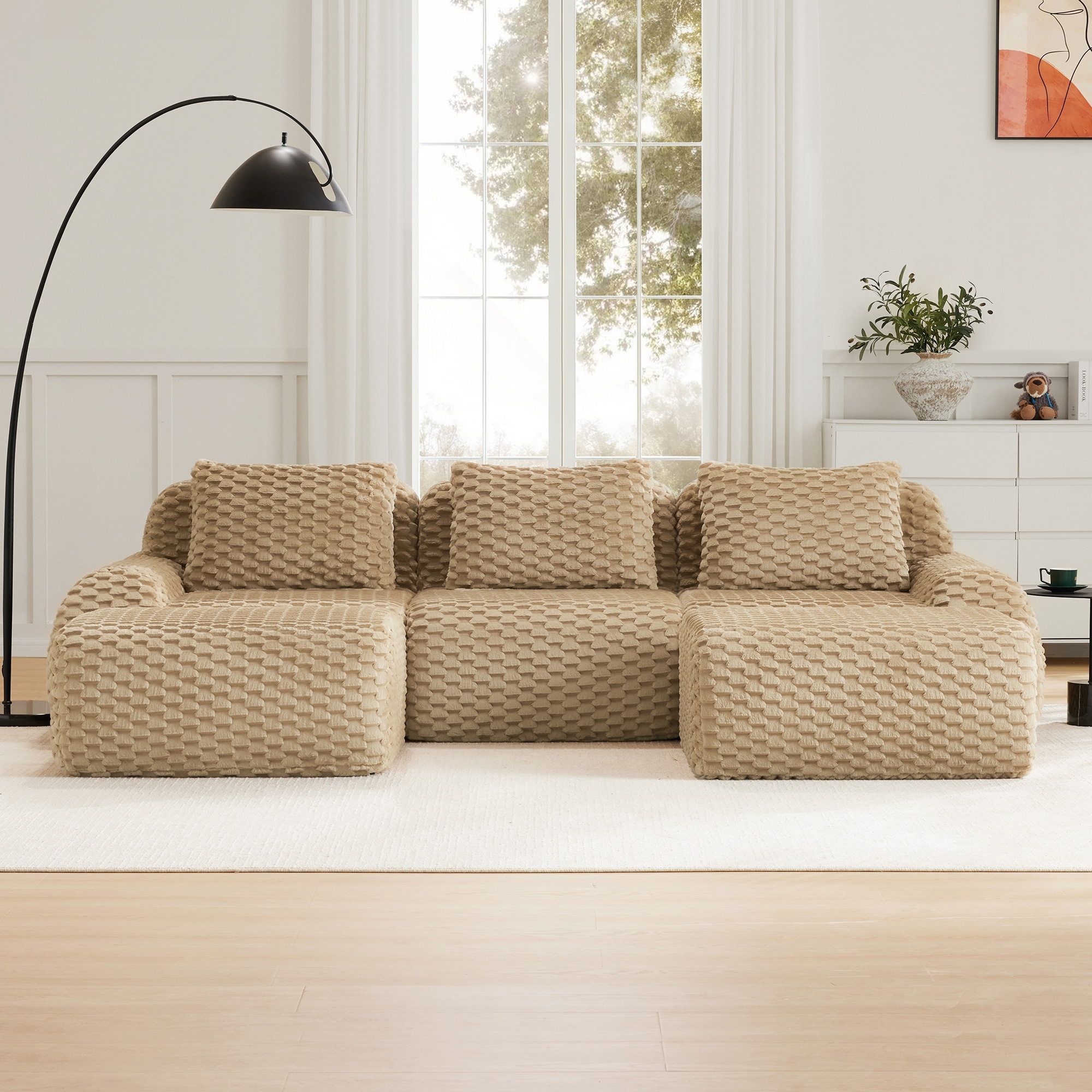 U-Shaped Modular Sectional Sofa with Movable Ottomans, Oversized Boneless 3-Seater Couch, Flannelette Fabric Cloud Sofa