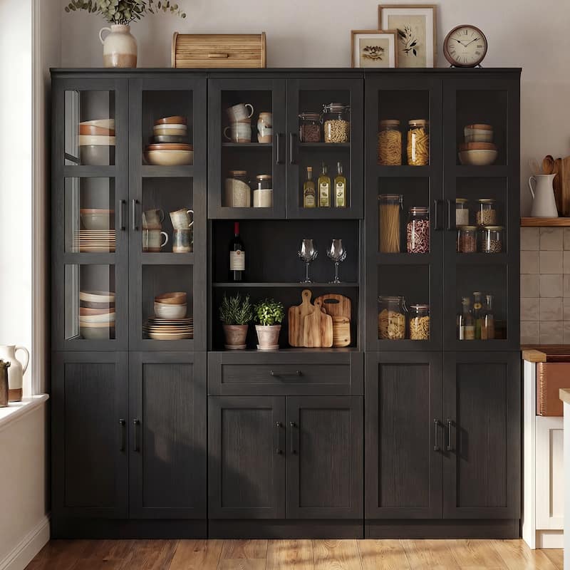 Set of 3 Freestanding Display Bookcase with Glass Doors & Adjustable Shelves & Drawer, for Living Room, Dining Room,Home Office.