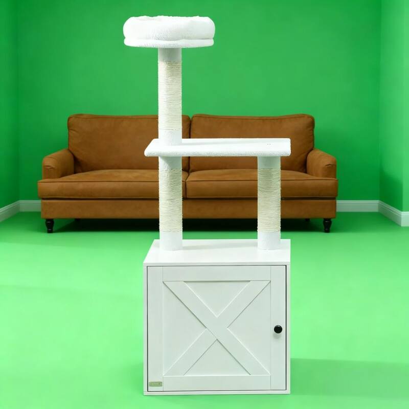 White Cat Tree with Litter Box Enclosure